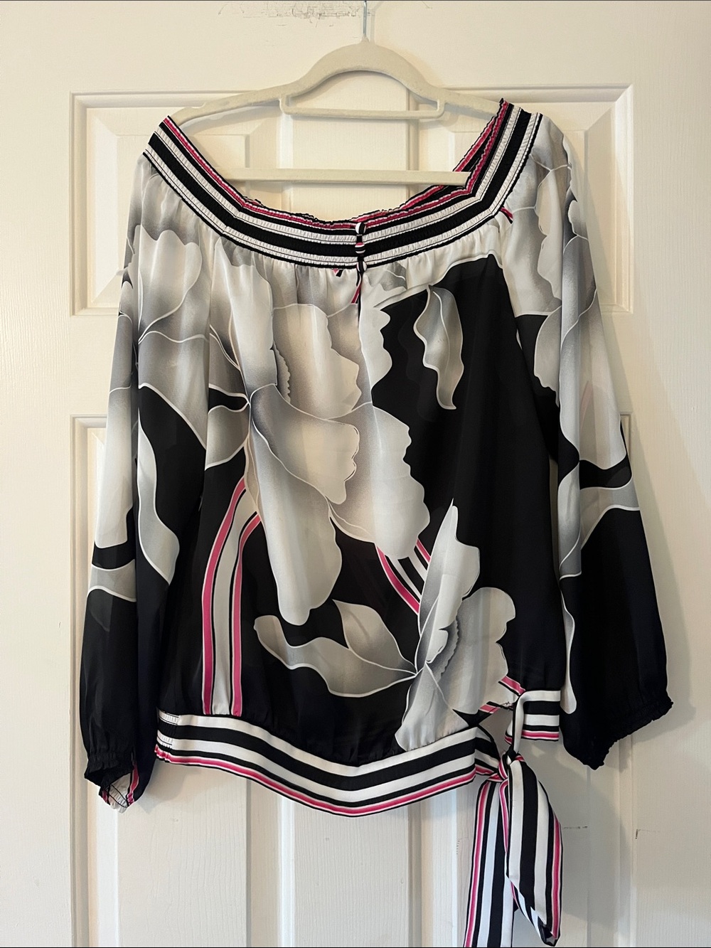White House Black Market Black & White Floral Off-Shoulder Top with Pink Accents